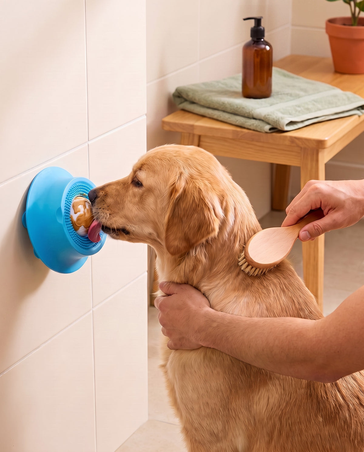 Dog licking The Routine Bowl while being brushed