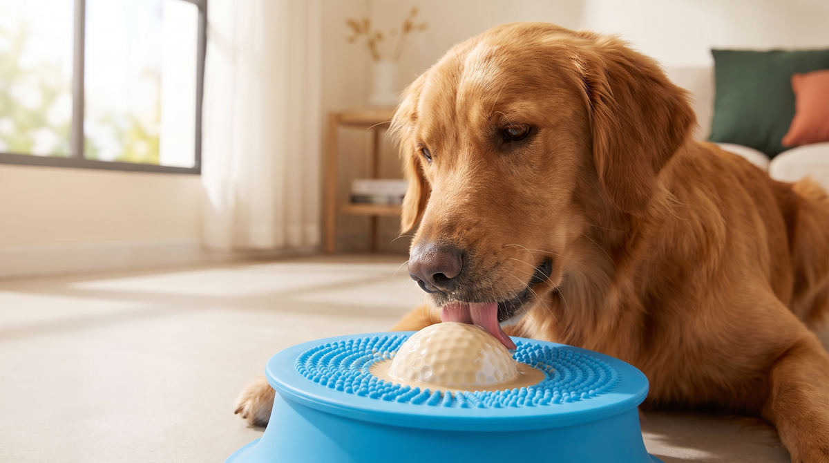Dog licking a liquid treat from the centre ball topper of The Routine Bowl