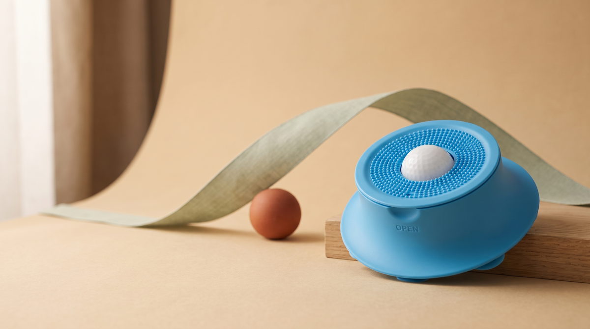 The blue Routine Bowl in a warm oat, sage and terracotta studio setting