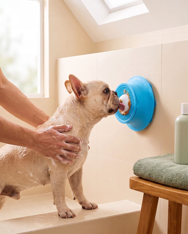 Dog licking The Routine Bowl while being washed